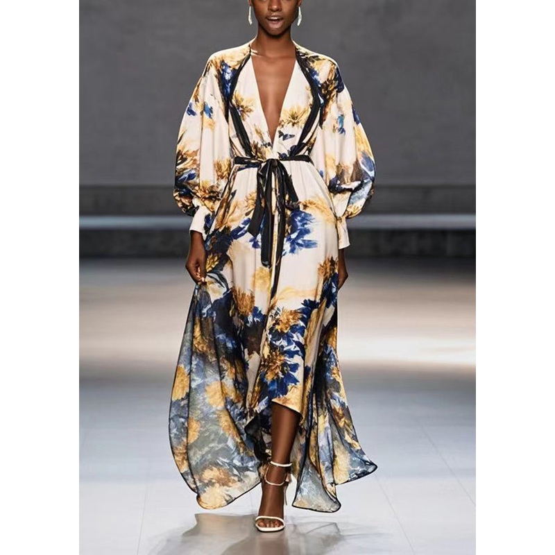 Casual Apricot Tie Waist Print Chiffon Maxi Dresses Spring