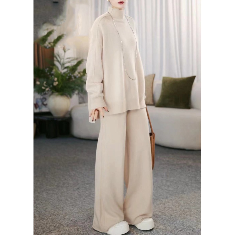 Casual Beige Turtleneck Cotton Knit Sweaters And Wide Leg Pants Two Pieces Set Winter