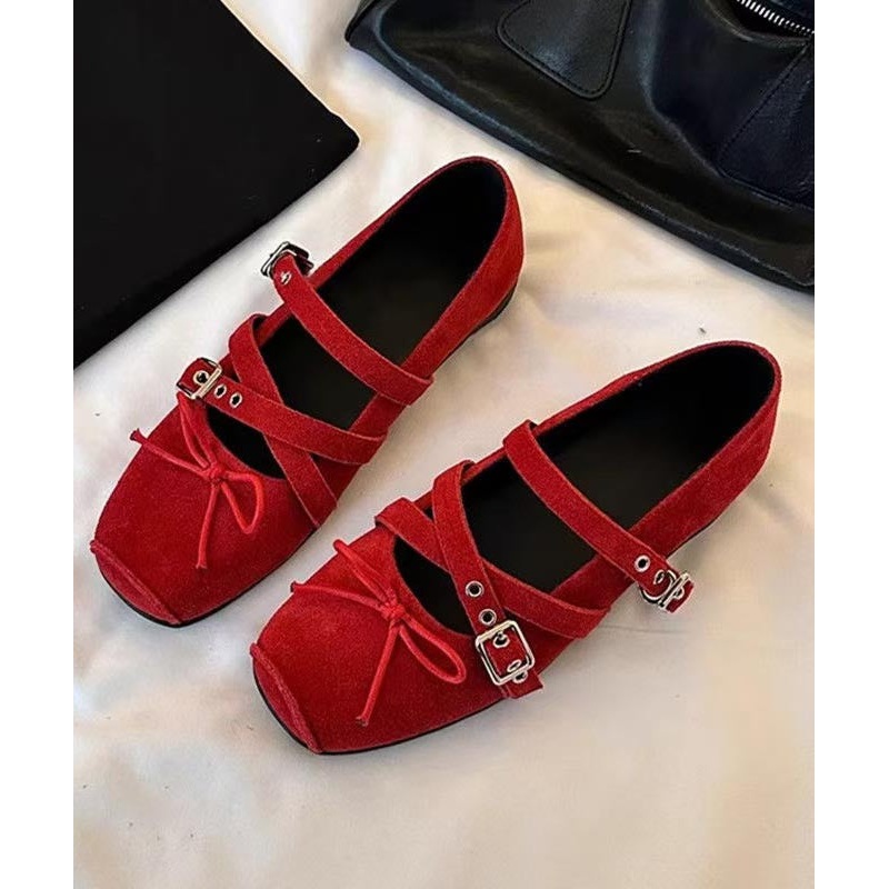 Casual Comfy Cross Strap Bow Splicing Wedge Heel Shoes Red Suede