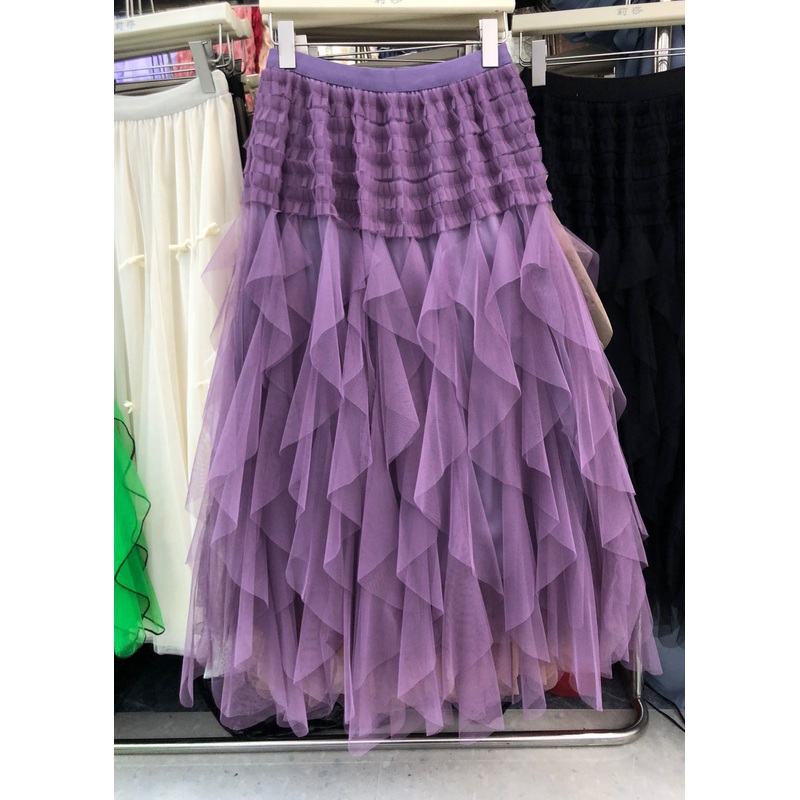 Casual Purple Asymmetrical Patchwork Elastic Waist Tulle A Line Skirt Summer