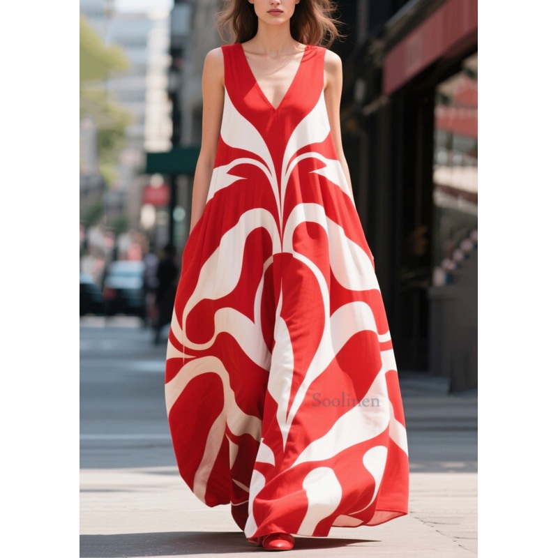 Casual Red Oversized Print Chiffon Holiday Dresses Summer