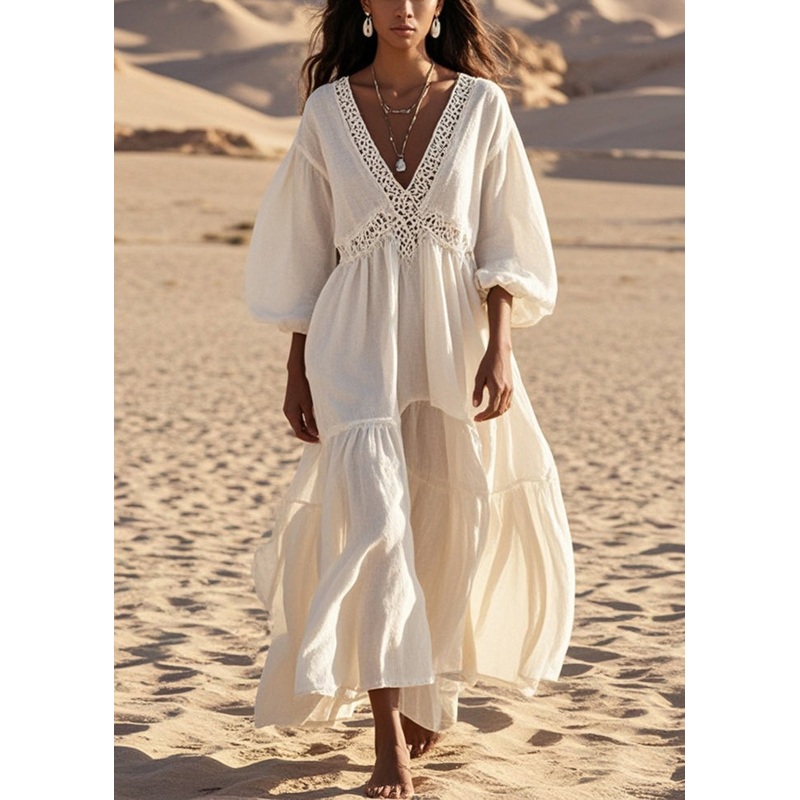 Casual White V Neck Patchwork Hollow Out Cotton Dress Lantern Sleeve
