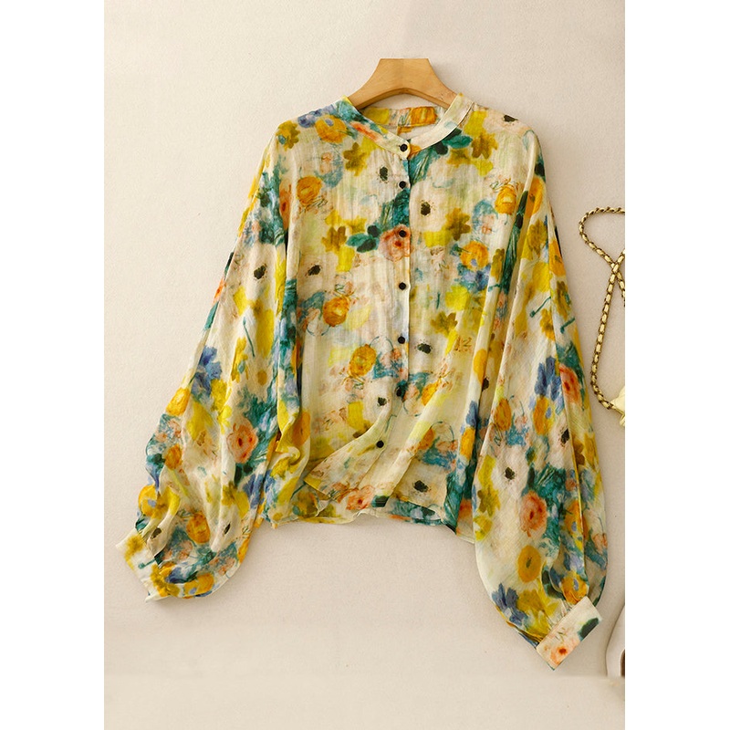 Chic Yellow Button Print Linen Shirt Lantern Sleeve