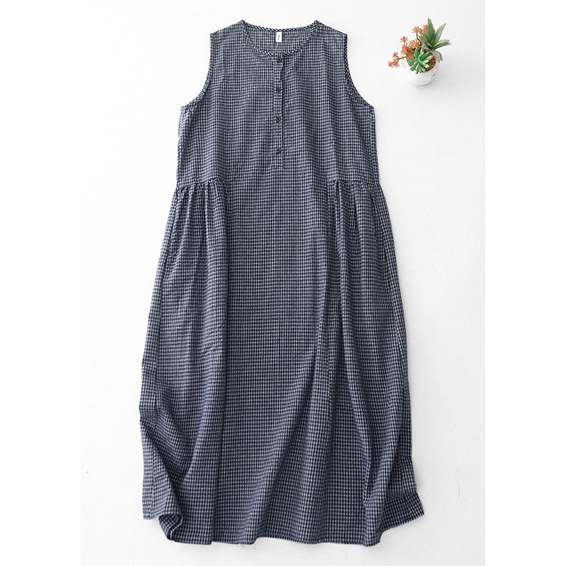 Classy Grey Oversized Plaid Linen Maxi Dresses Sleeveless