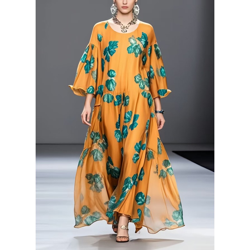 Classy Orange Oversized Print Chiffon Ankle Dress Spring