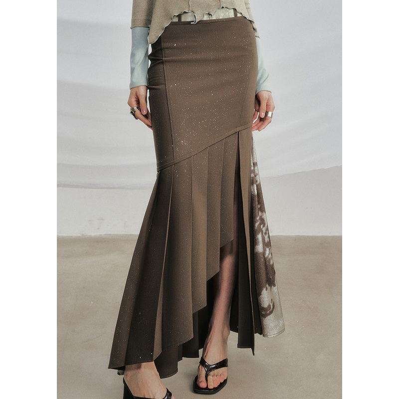 Coffee Zip Up Side Open Cotton Fall Skirts Asymmetrical