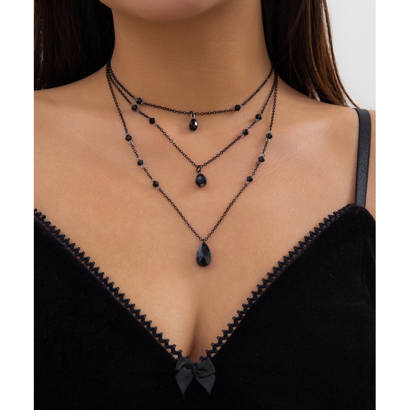 DIY Black Metal Crystal Tassel Three-Piece Set Pendant Necklace