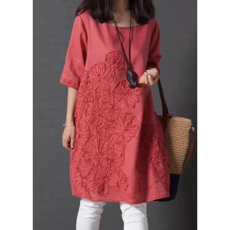 DIY Red Embroidered Linen Day Dress Half Sleeve