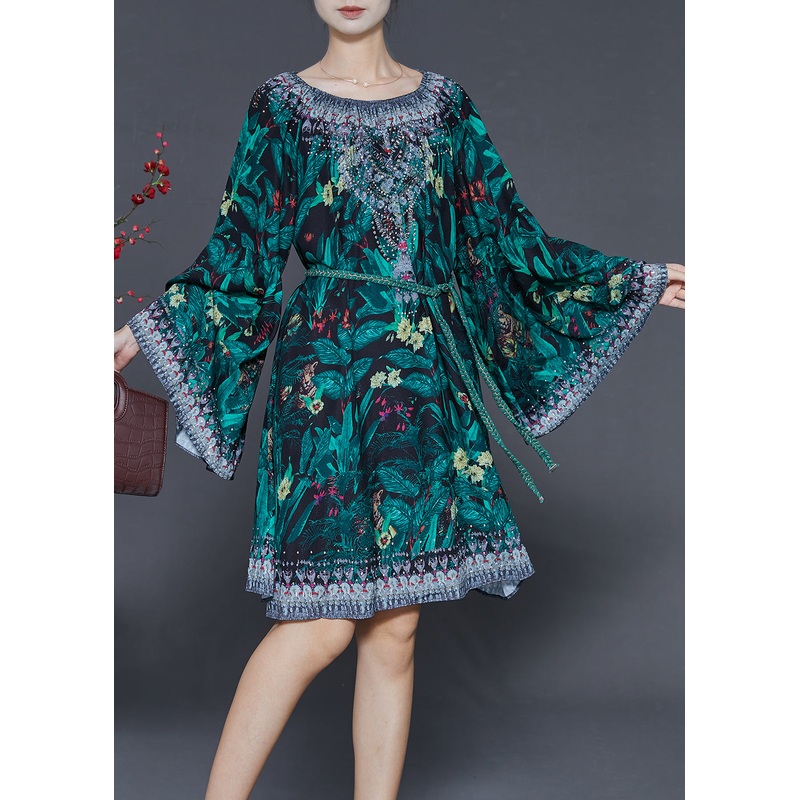 Elegant Green Tie Waist Print Chiffon Work Dress Flare Sleeve