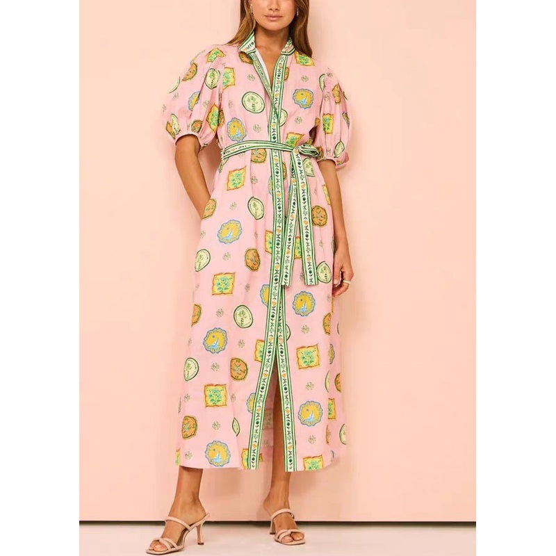 Elegant Pink Print Tie Waist Cotton Blouses Dresses Half Sleeve