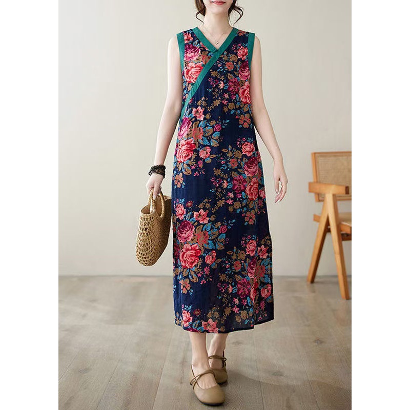 Ethnic Style Navy Print Side Open Linen Dresses Sleeveless