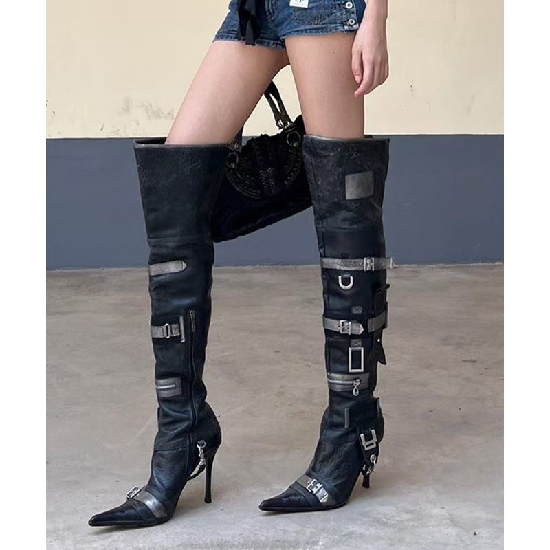 European And American Pointed Belt Buckle High Heeled Boots