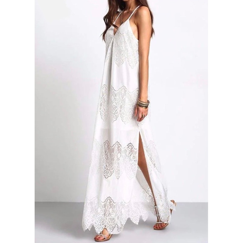 European And American Style White V Neck Lace Spaghetti Strap Dress Summer