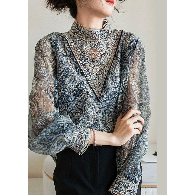 Fashion Blue Embroidered Print Chiffon Shirt Lantern Sleeve
