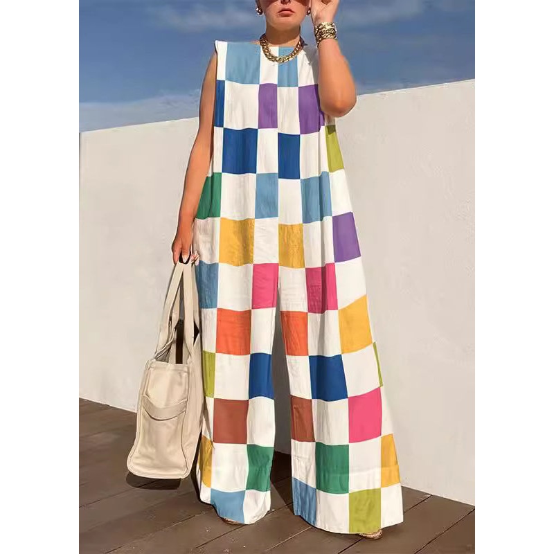 Fashion Rainbow Plaid O-Neck Jumpsuits Sleeveless