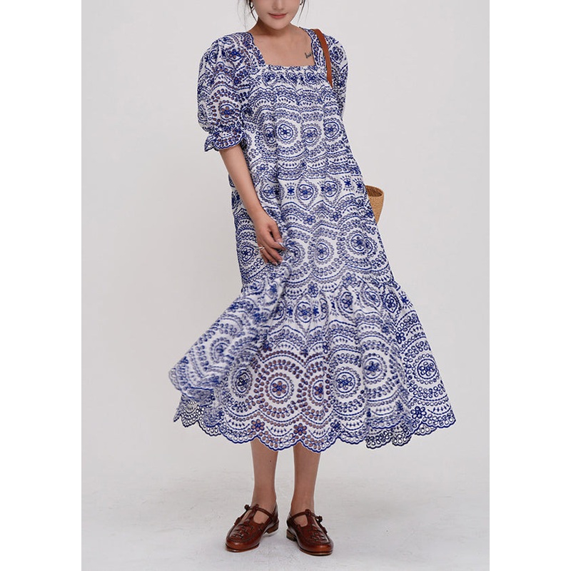 Fine Blue Square Collar Embroidered Cotton Maxi Dresses Summer