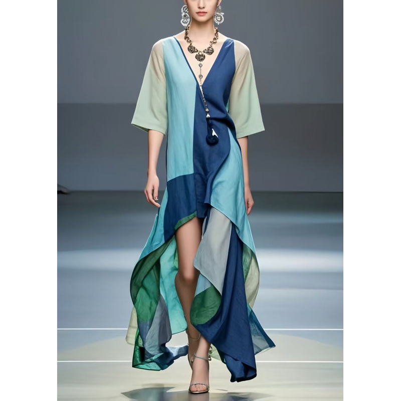 Fine Polychrome Asymmetrical Low High Design Cotton Dresses Summer