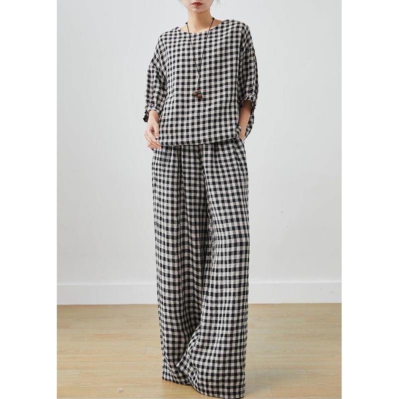 Fitted Grey Oversized Plaid Linen Two Piece Set Outfits Summer