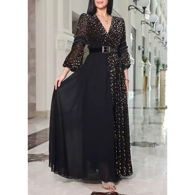 French Black V Neck Leopard Tulle Patchwork Maxi Dresses Long Sleeve