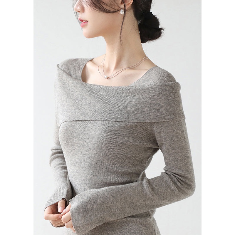French Grey Slash Neck Patchwork Slim Fit Knit Sweaters Winter