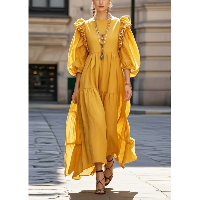 French Yellow Ruffled Cotton Vacation Dresses Bracelet Sleeve