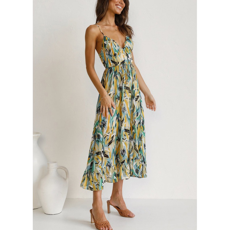 Green Tie Waist Cotton Spaghetti Strap Dress Backless Sleeveless