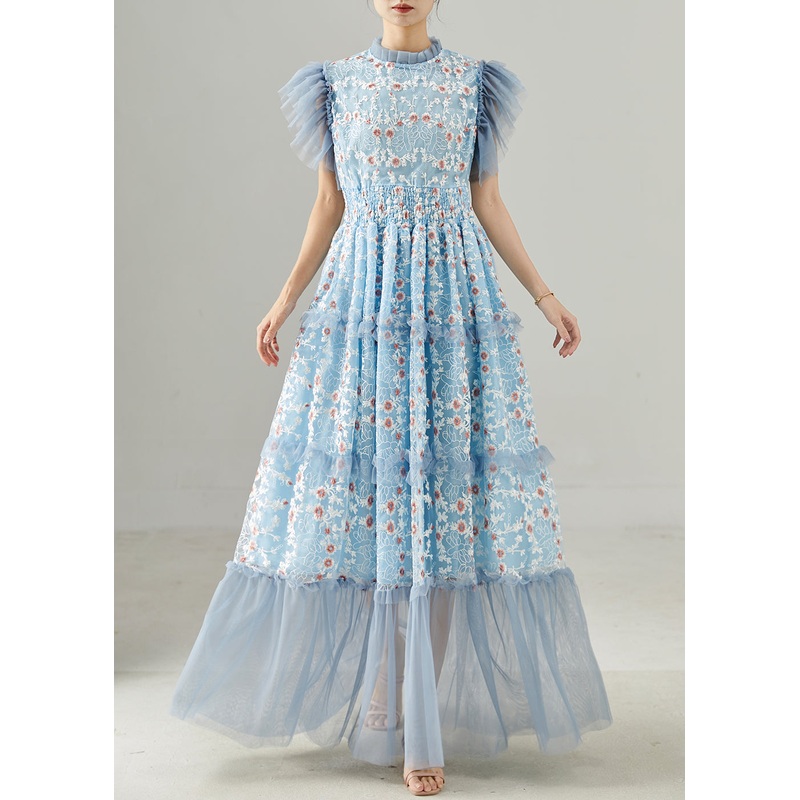 Handmade Blue Embroidered Patchwork Tulle Dress Summer