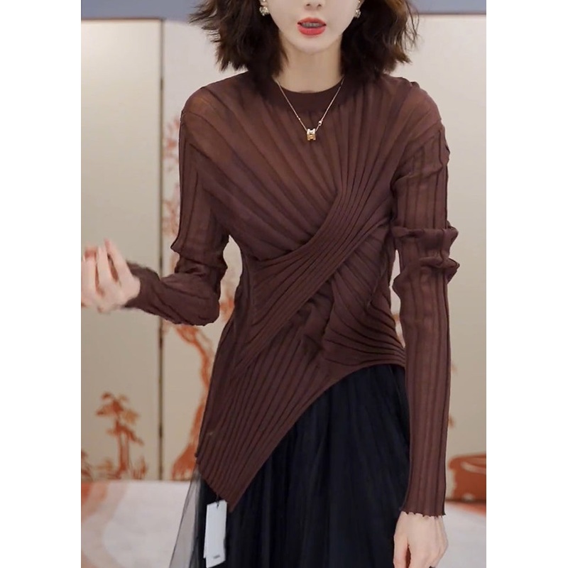 Handmade Coffee O-Neck Asymmetrical Wrinkled Tops Spring