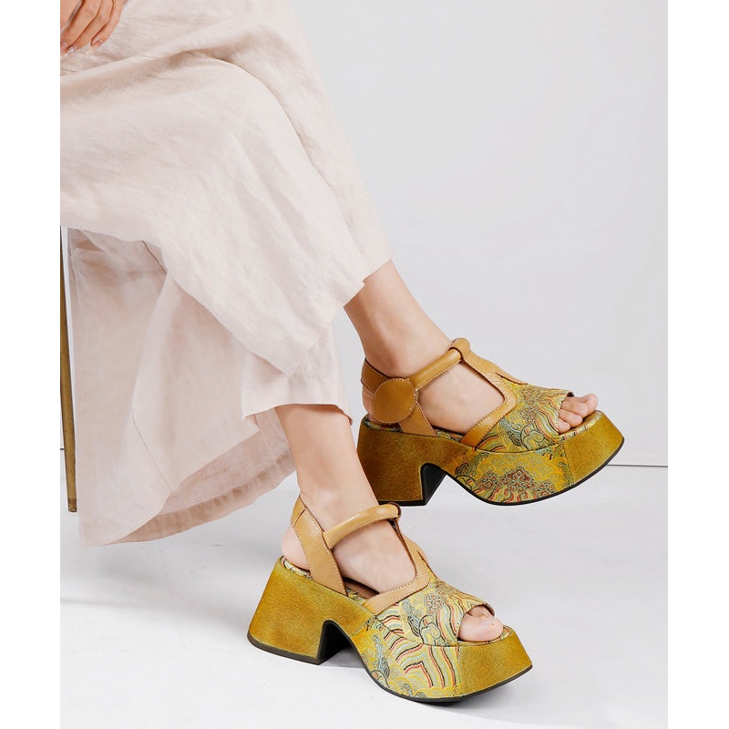 Handmade Retro Yellow Platform Cowhide Leather Sandals