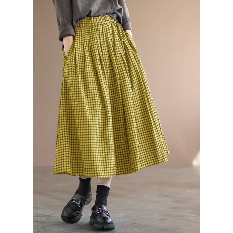 Handmade Yellow Plaid Circle A Line Casual Spring Skirts