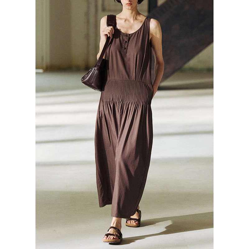 Italian Coffee O Neck Wrinkled Cotton Long Dresses Sleeveless