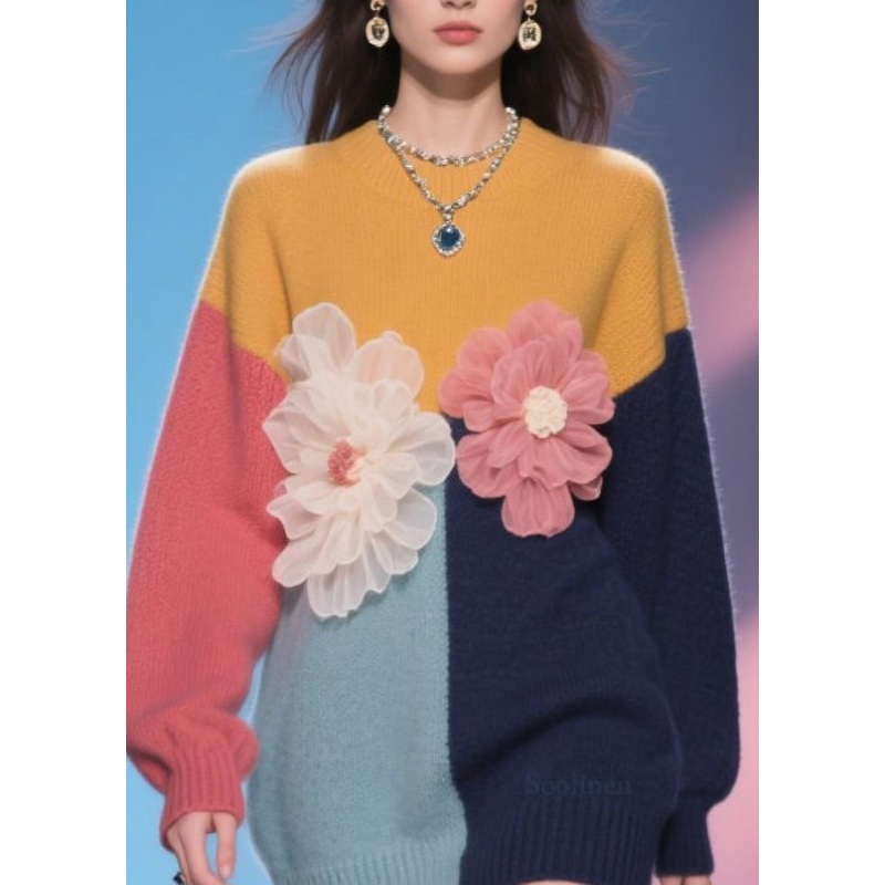 Italian Colorblock O Neck Floral Knit Mid Sweater Fall