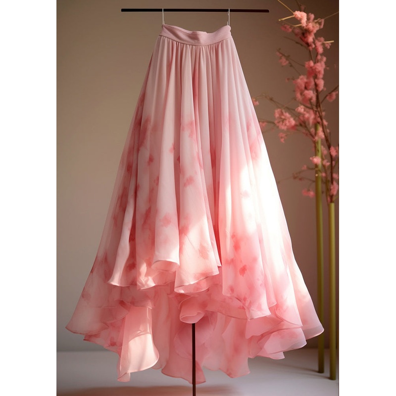 Italian Pink Print High Waist Chiffon Skirts Summer