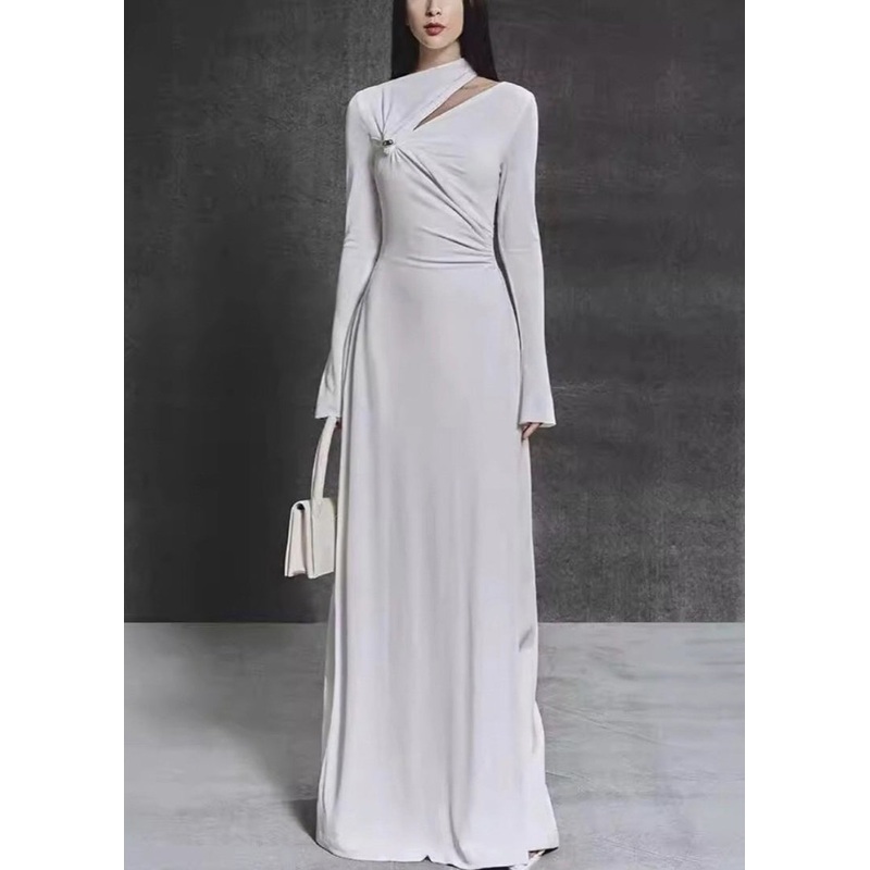 Italian White Asymmetrical Hollow Out Knitting Cotton Maxi Dress Fall