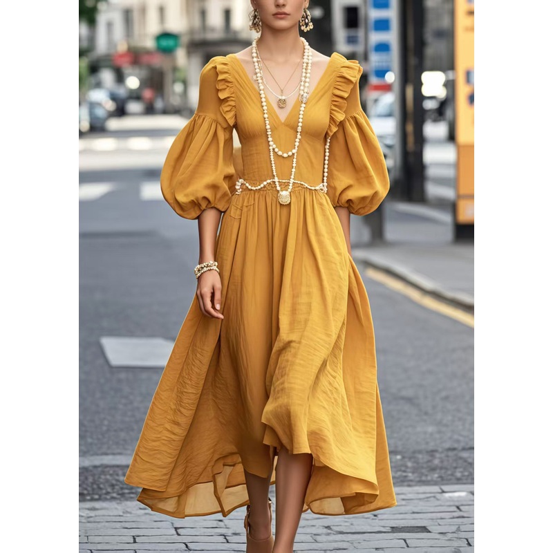 Italian Yellow Ruffled Silm Fit Cotton Party Dress Lantern Sleeve