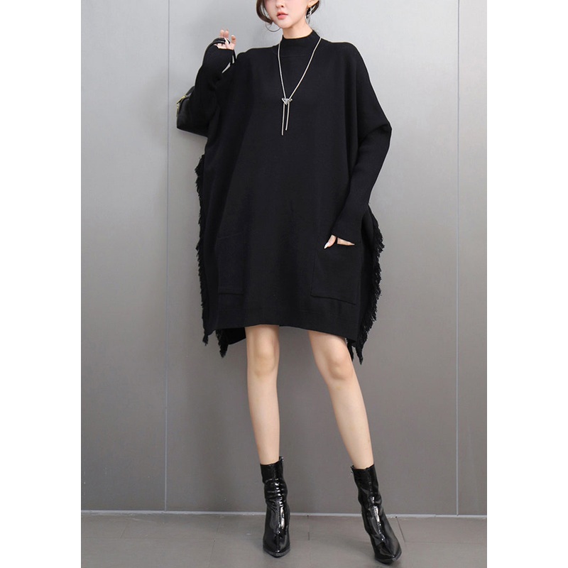 Looose Black Turtleneck Pockets Thick Cotton Knit Sweater Winter