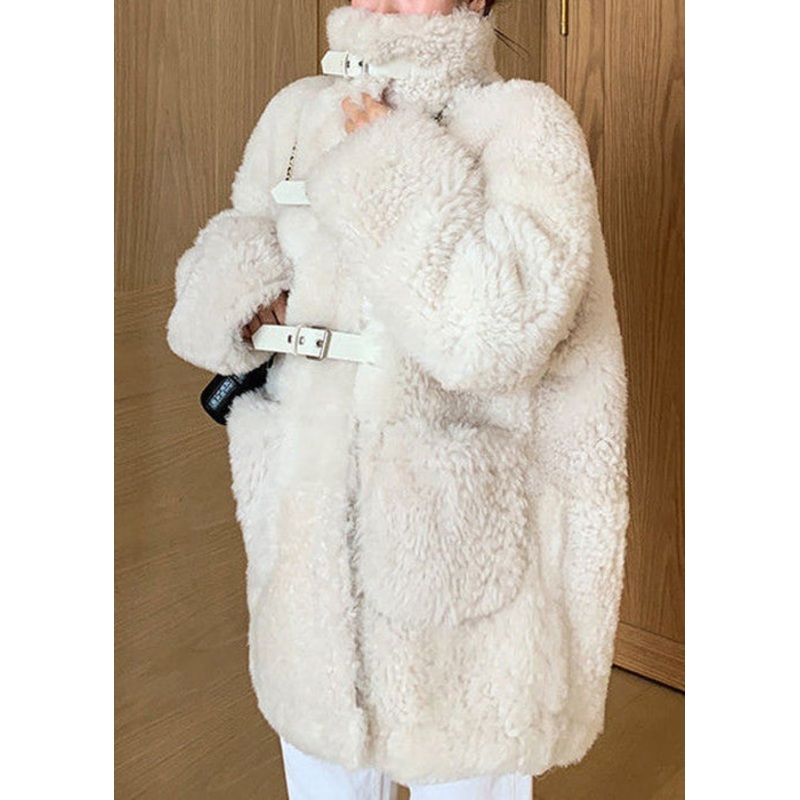 Loose Beige Stand Collar Pockets Teddy Faux Fur Coat Spring