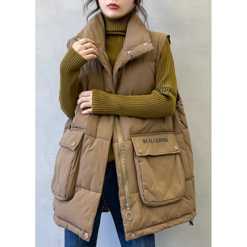 Loose Coffee Zip Up Letter Pockets Cotton Filled Waistcoat Sleeveless