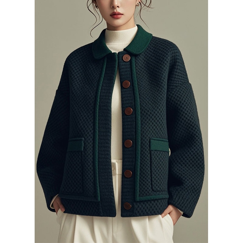 Loose Green Peter Pan Collar Button Pockets Cotton Coats Winter