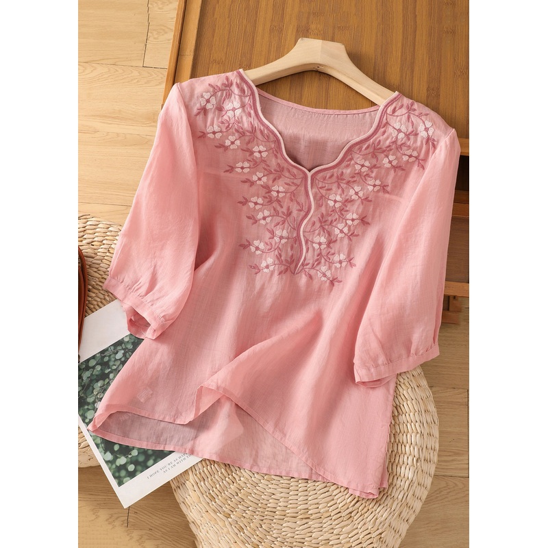 Loose Pink V Neck Embroidered Cotton Blouses Half Sleeve