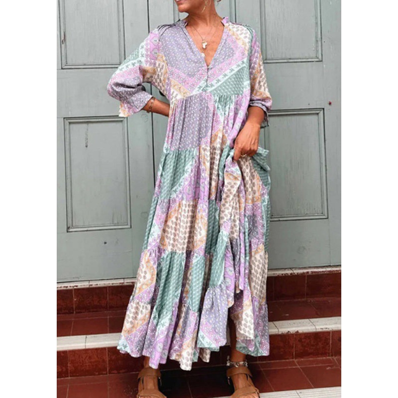 Loose Purple V Neck Patchwork Cotton Maxi Dresses Half Sleeve