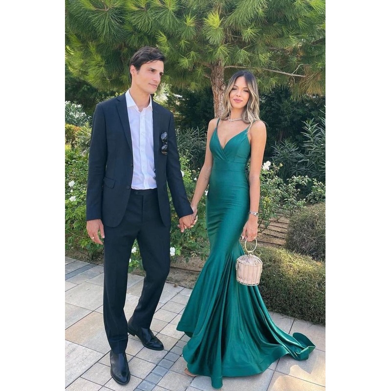 Mermaid Green Satin Long Prom Dresses Backless Party Dresses 2228