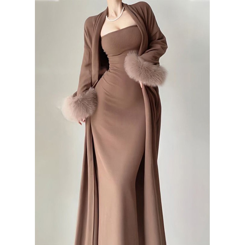 Modern Coffee Knit Cotton Long Cardigans And Long Dress Two Pieces Set Winter