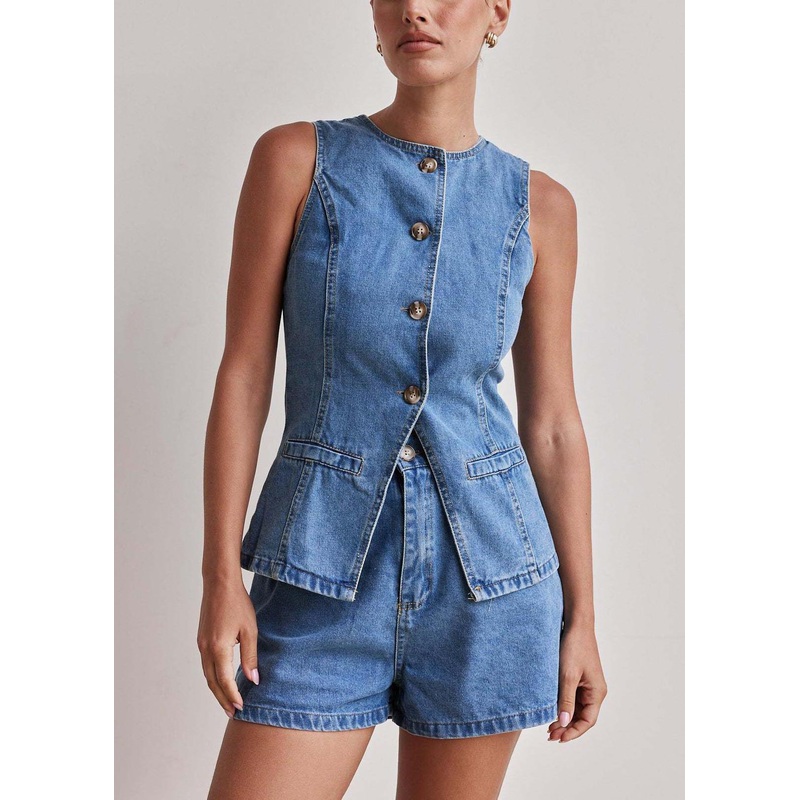 Modern Denim Blue Silm Fit Vests And Shorts Two Pieces Set Sleeveless