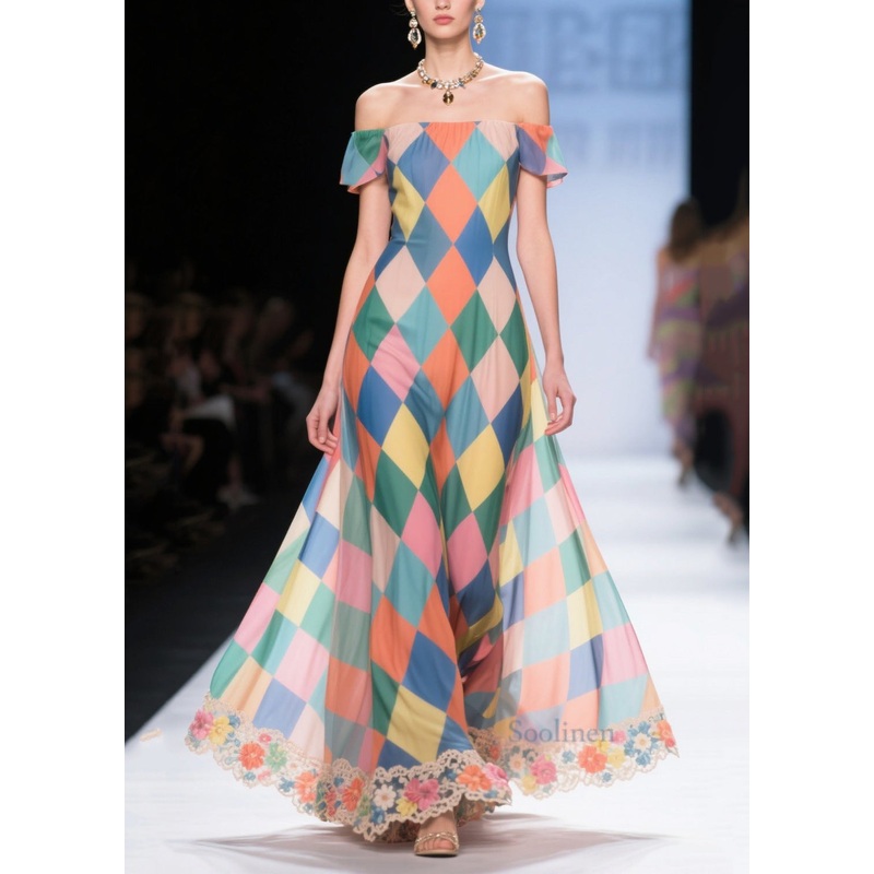 Multicolour Plaid Patchwork Lace Chiffon Strapless Dress Cold Shoulder Summer