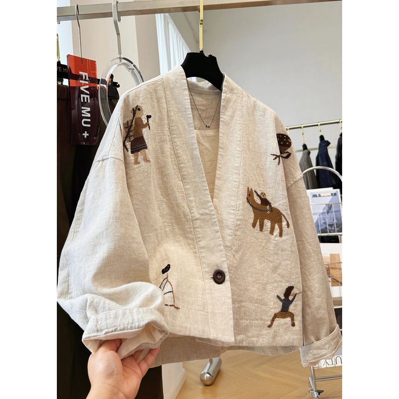 New Beige V Neck Embroidered Patchwork Linen Coats Fall