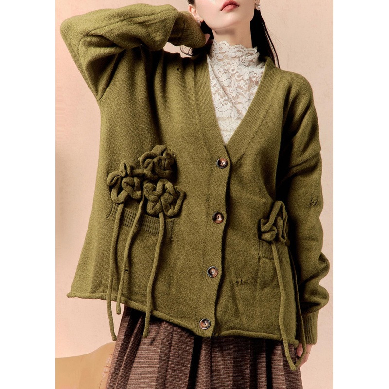 New Matcha Green V Neck Button Pockets Knit Cardigans Winter