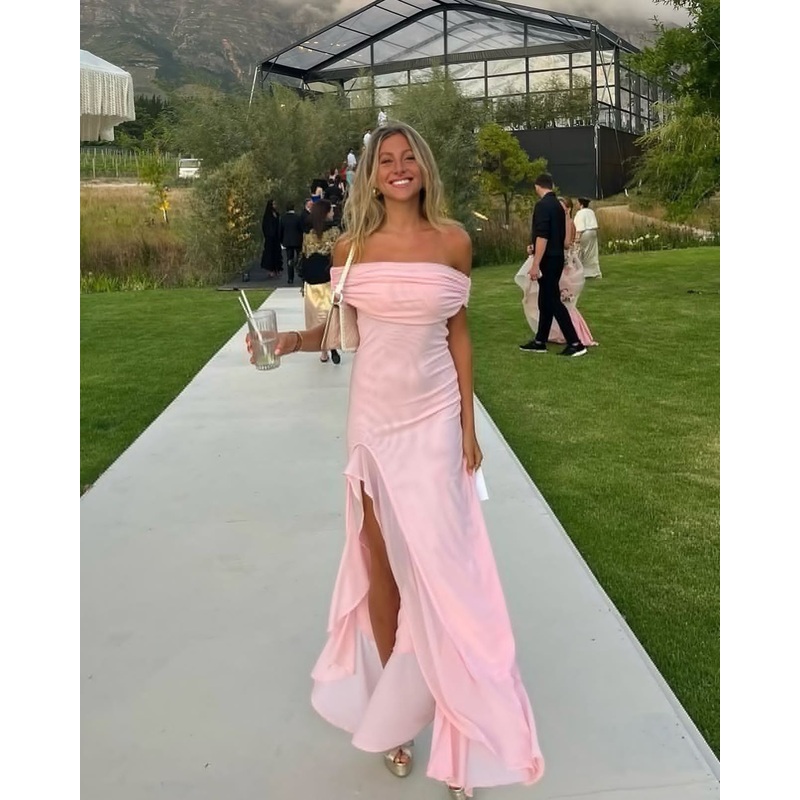 Off The Shoulder Pink Slit Prom Dress Chiffon Ruffle Formal Party Dress J6230