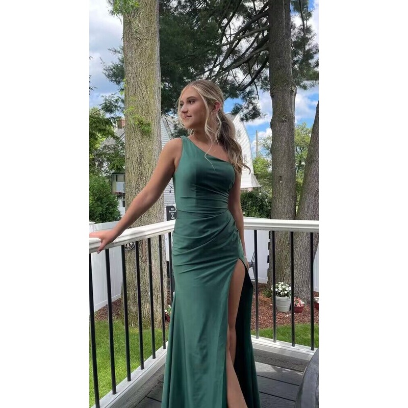 One Shoulder Green Mermaid Long Prom Dresses With Slit J2739