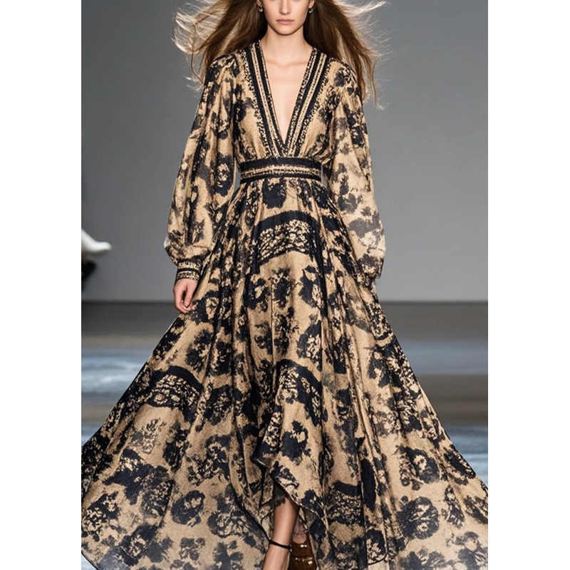 Organic Coffee Print Exra Large Hem Chiffon Cinched Dress Spring